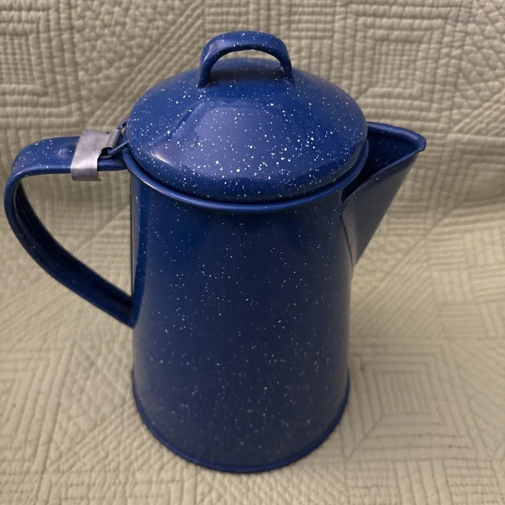 Vintage Enamel Ware Blue White Speckled Camping/Cowboy Coffee Pot Kettle 8